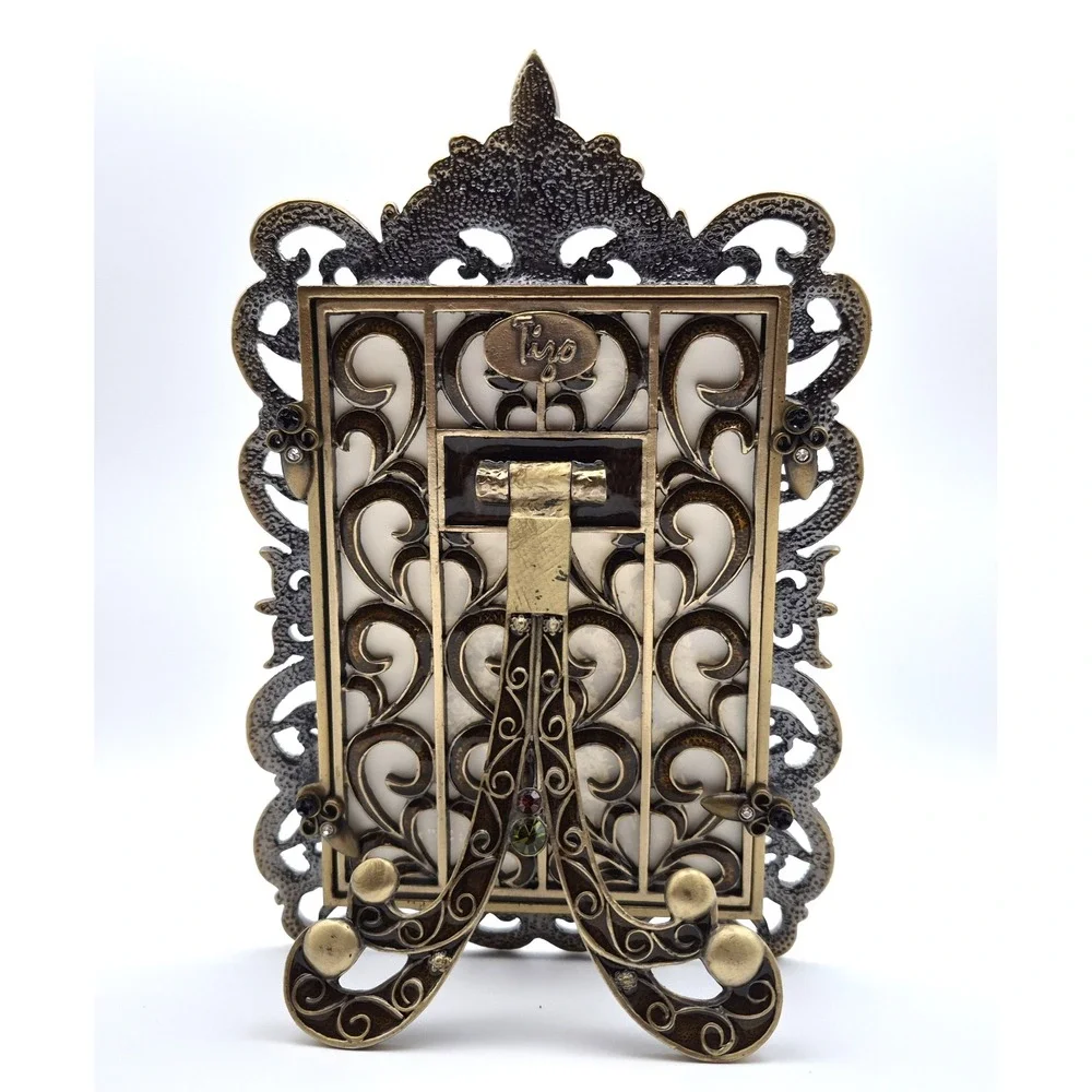 Tizo Jeweled Metal Picture Frame Amber & Champagne Crystal Ornate Baroque 5x7.5